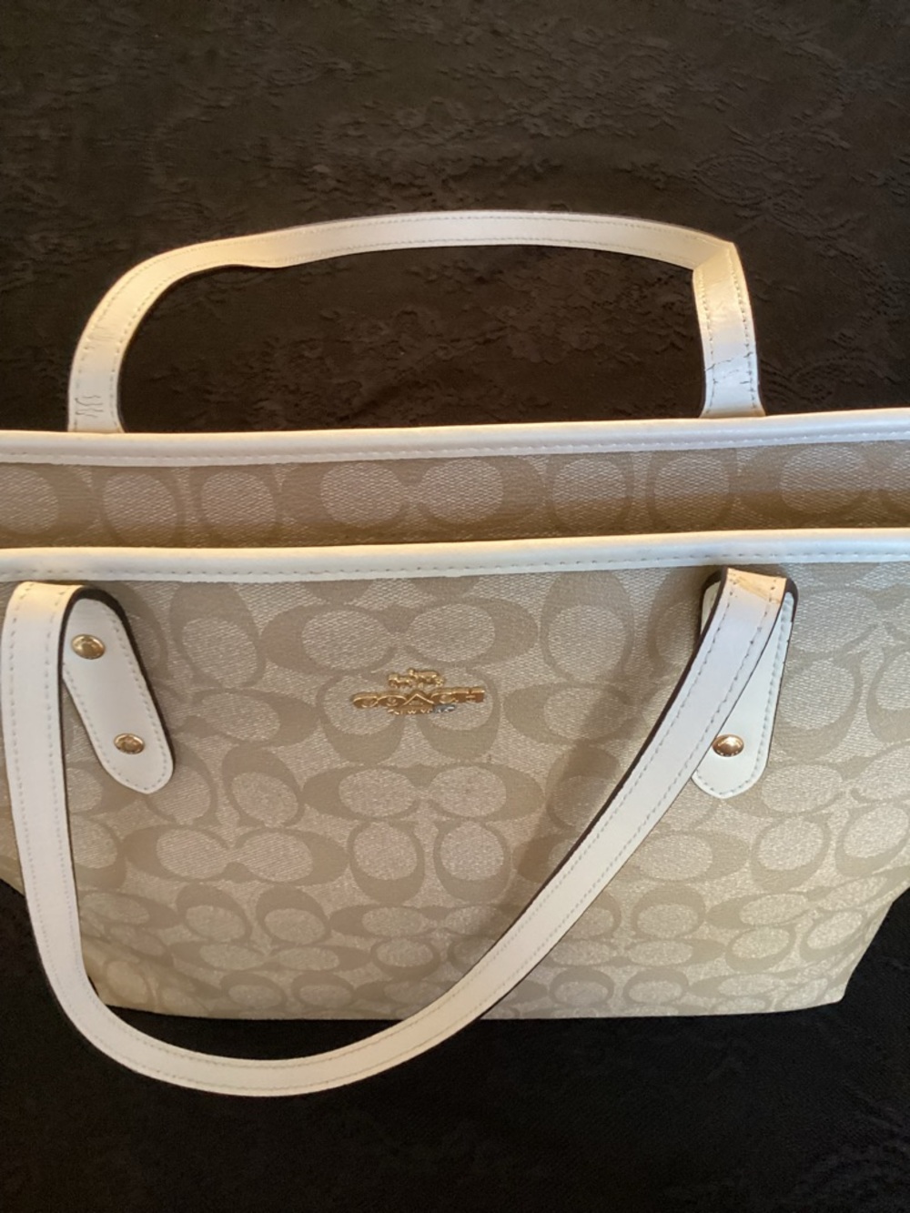 Coach Beige Signature Canvas Tote with White Trim